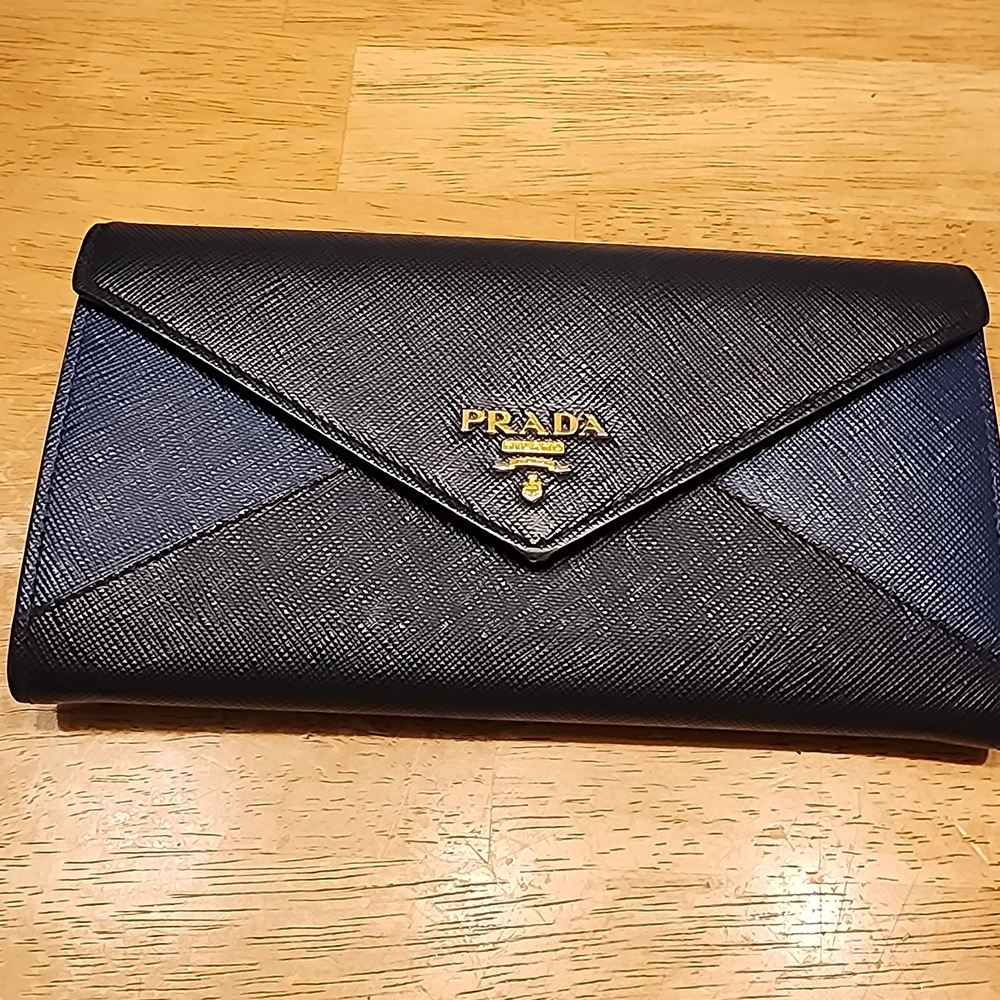 Prada Navy Saffiano Envelope Wallet with Gold Logo
